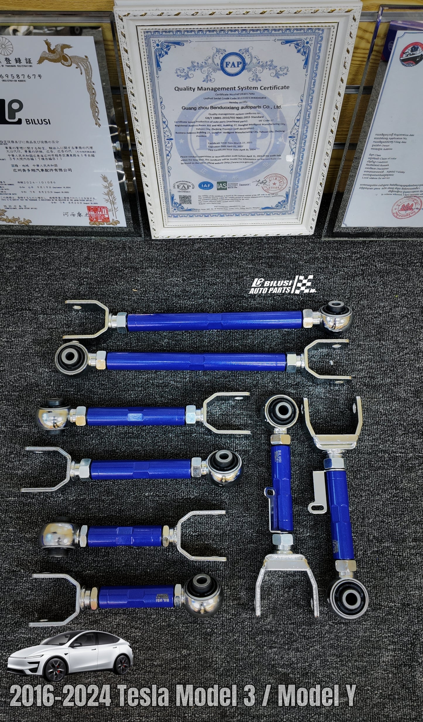 Rear Positioning Arm (L/R) — Adjustable Blue  Rear Torsion Bar (L/R) — Adjustable, Blue  Rear Rear Panhard Rod (L/R) — Adjustable, Blue Panhard Rod (L/R) — Adjustable, Blue