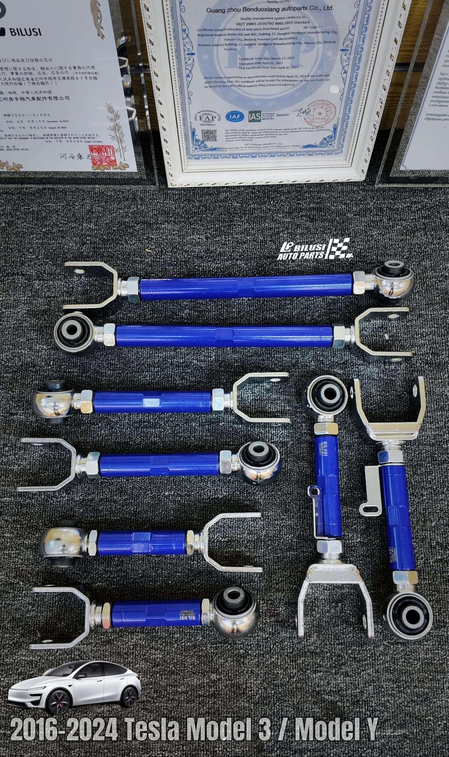 Rear Positioning Arm (L/R) — Adjustable Blue  Rear Torsion Bar (L/R) — Adjustable, Blue  Rear Rear Panhard Rod (L/R) — Adjustable, Blue Panhard Rod (L/R) — Adjustable, Blue