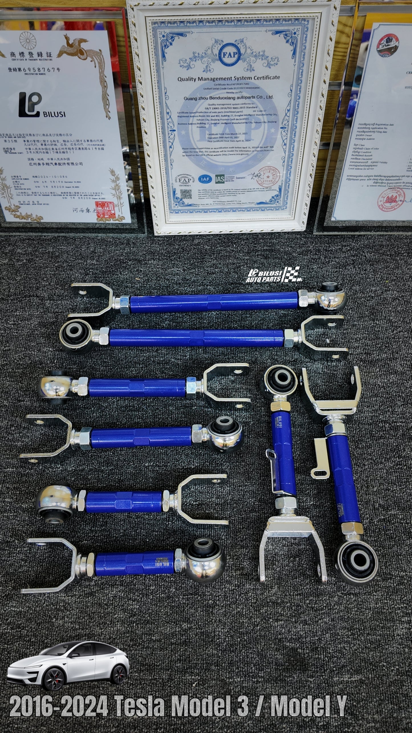 Rear Positioning Arm (L/R) — Adjustable Blue  Rear Torsion Bar (L/R) — Adjustable, Blue  Rear Rear Panhard Rod (L/R) — Adjustable, Blue Panhard Rod (L/R) — Adjustable, Blue
