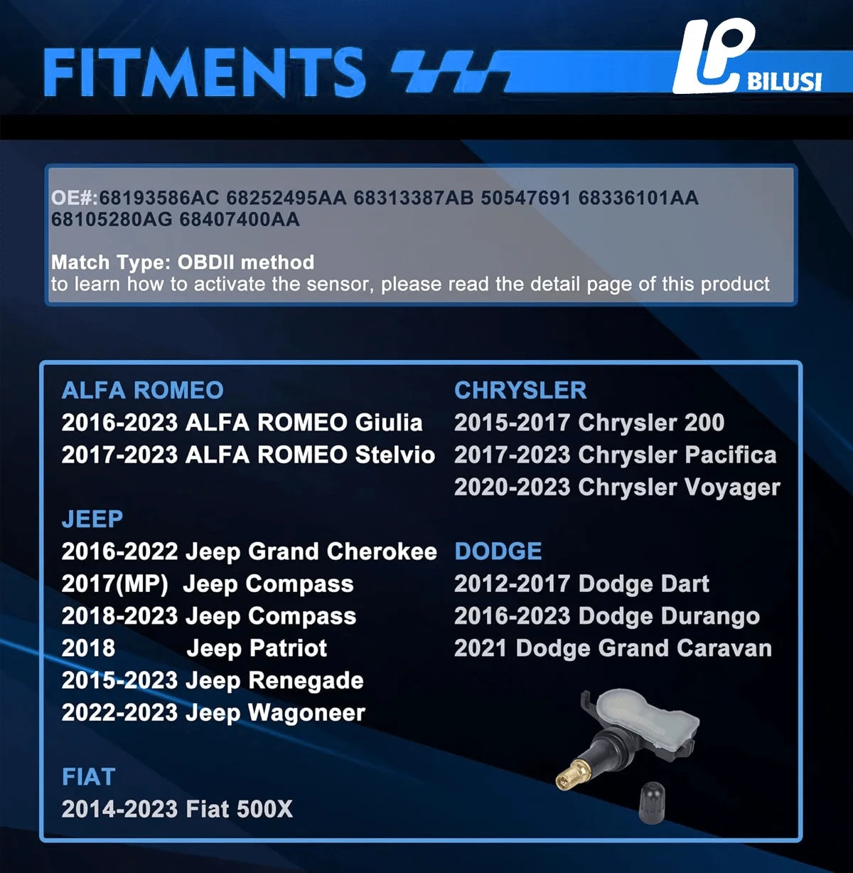 JAPAN BILUSI AUTO PARTS Bilusi 68313387AB 68193586AC 68252493AB 433Mhz TPMS Sensor For Chrysler 200 Jeep Compass Grand Cherokee Dodge Dart Fiat 500