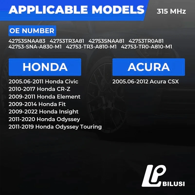 JAPAN BILUSI AUTO PARTS Bilusi Tire Pressure Monitoring Sensor 42753-TR3-A81 42753SNAA81 42753SNAA83 315Mhz for Honda Civic CR-Z Element Odyssey Insight