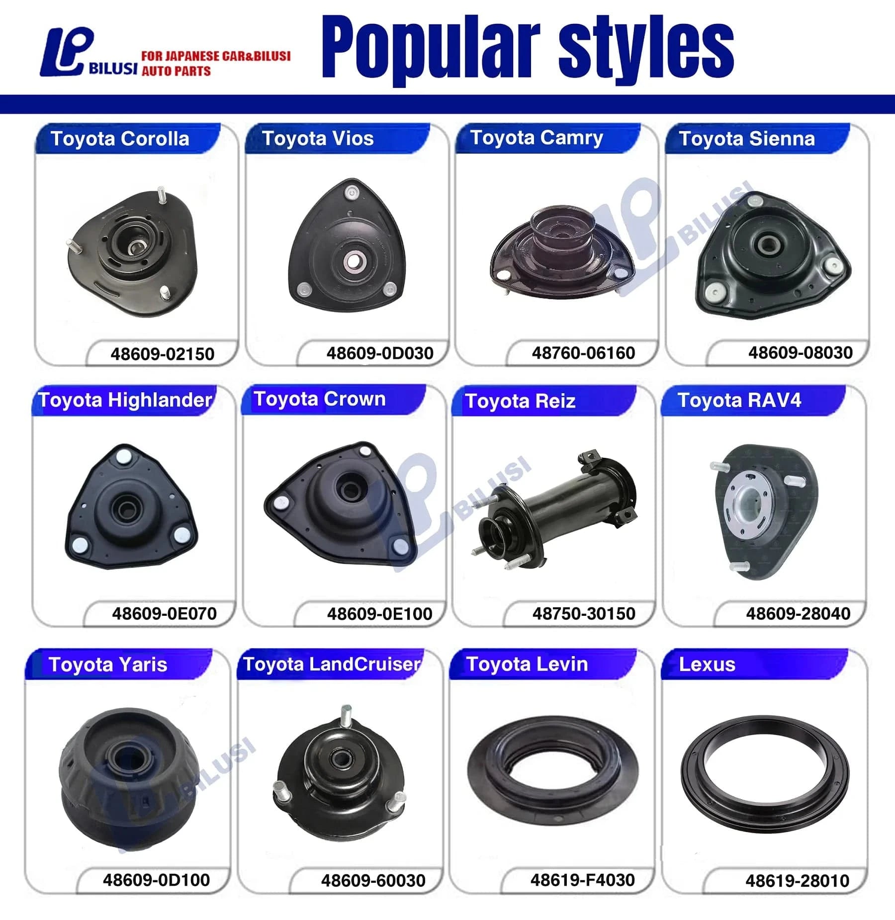 JAPAN BILUSI AUTO PARTS TOYOTA SHOCK ABSORBER MOUNTING Bilusi Shock Absorber Mount for Toyota HIGHLANDER  Crown Kluger Sienna Hybird 2019- AXUH7# SXUA75 AXLH40 48609-0E100 48609-0E090
